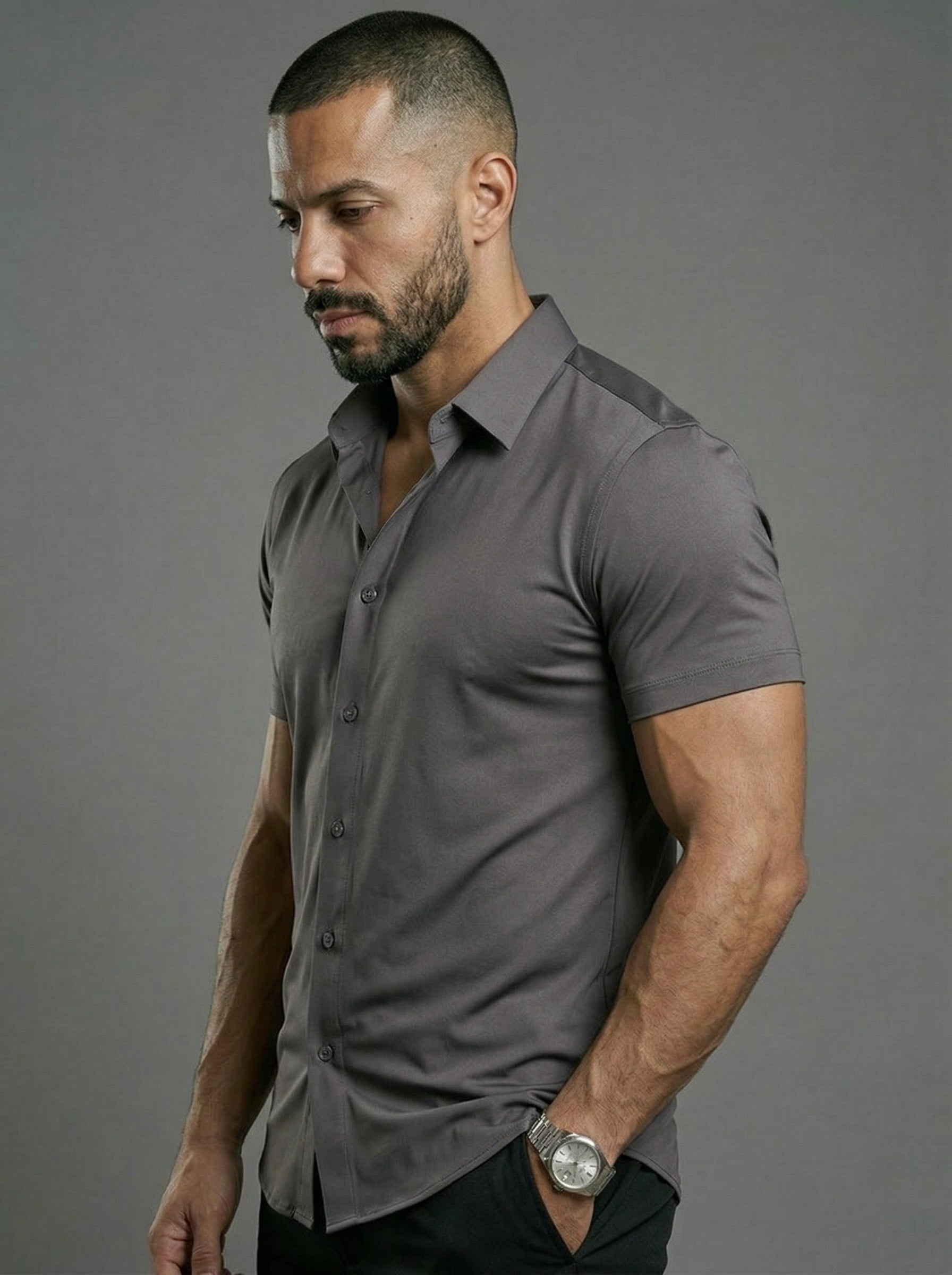Camicia Elasticizzata Slim Fit a Maniche Corte